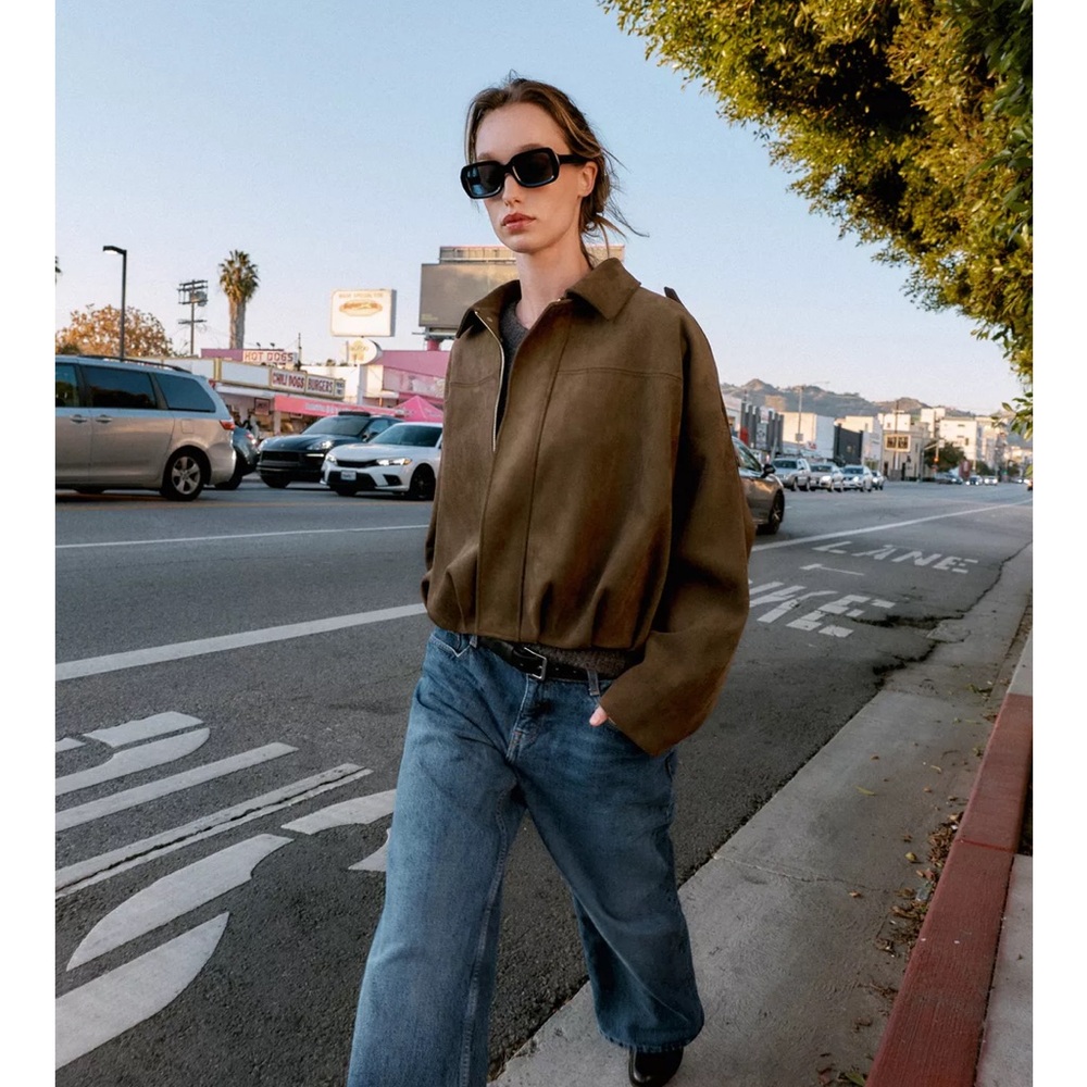 ZARA Suede Bomber Jacket- Khaki Brown Size Small